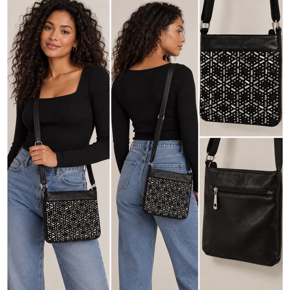 Crossbody Bag Black Leather Rhinestone Geometric Pattern Medium